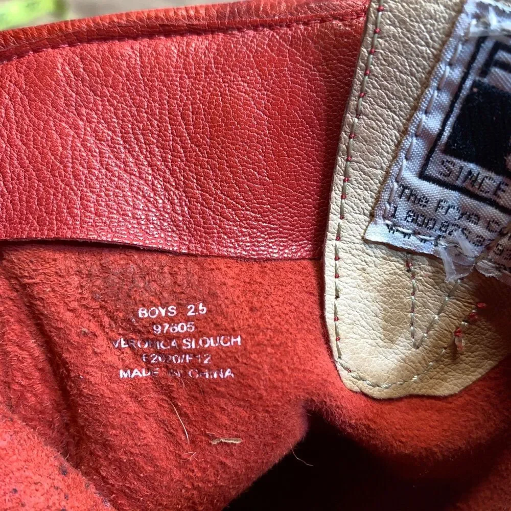 Frye Veronica Slouch Boots Moto Boys Size 2.5 Red Leather‎ Pull-On Buckle